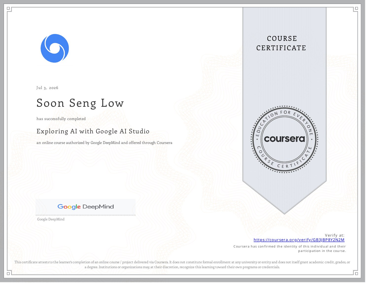 Exploring AI with Google AI Studio 证书