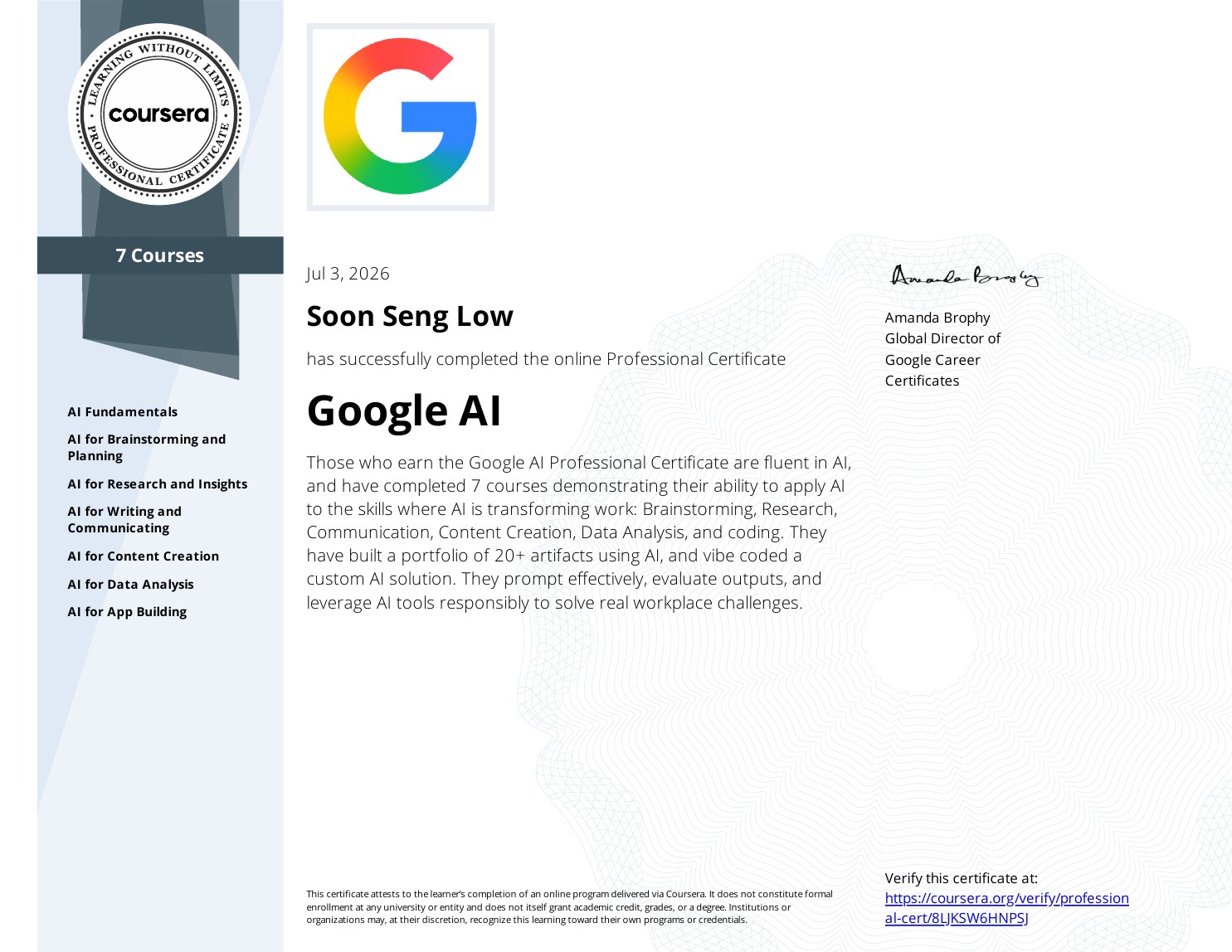 Google AI Professional Certificate 证书