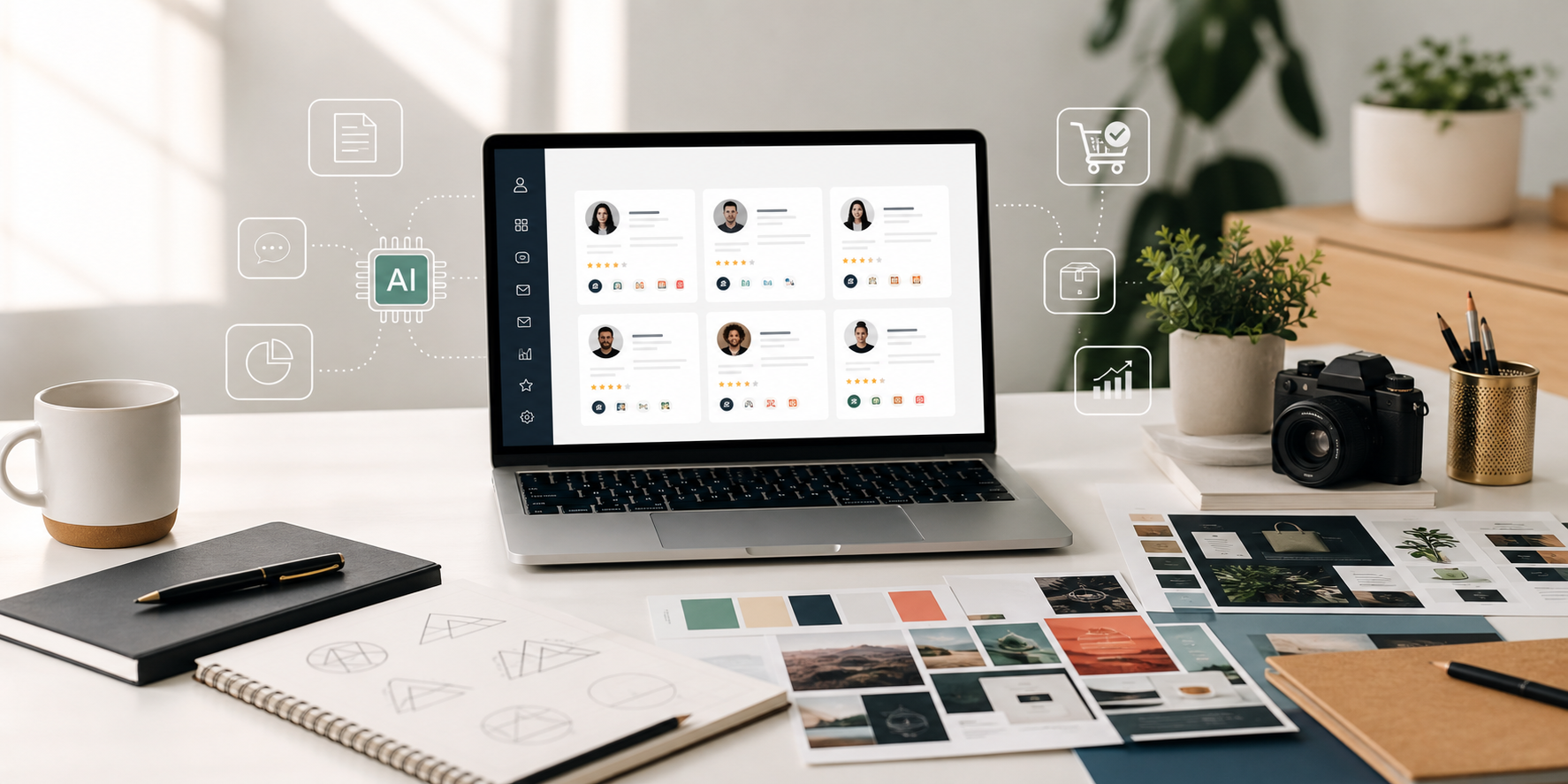 Modern online business workspace with freelancer cards and design materials
